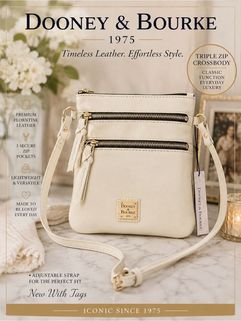 Dooney & Bourke Cream Triple-Zip Leather Crossbody